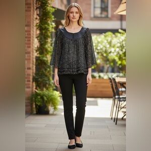 Vertigo Paris, Sheer Chiffon Blouse with Satin Collar, XS, Black, White, Blue